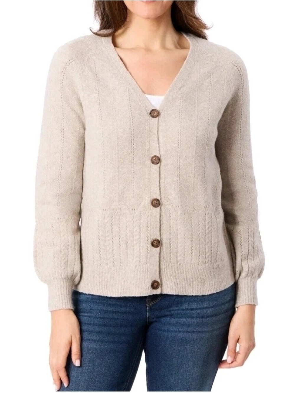 NWT Briggs New York Light Beige V-Neck Button Cardigan Size Small